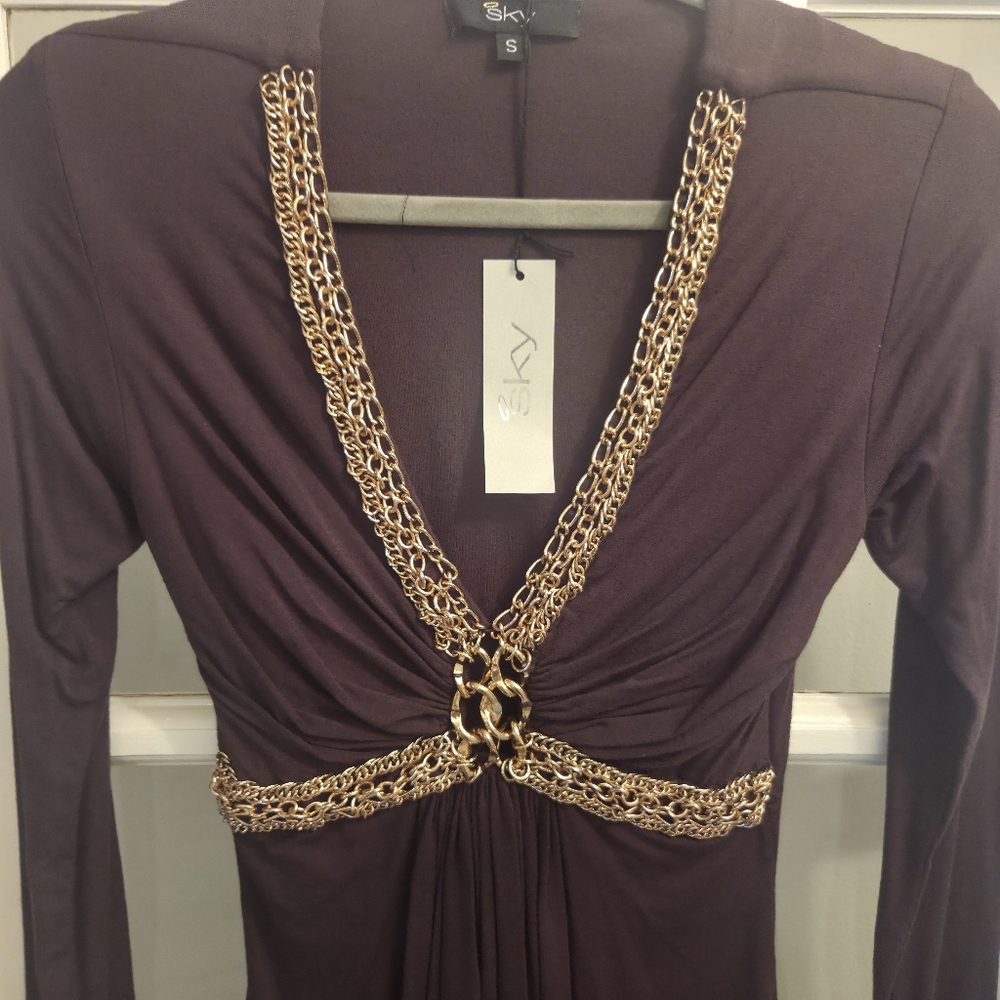 The Famous "SKY" BRAND Long Sleeve Brown Dress with Gold Embellish Details - Picture 4 of 9